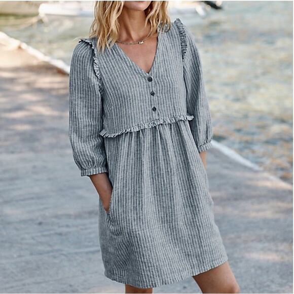 NWT Garnet Hill Linen Ruffle Detail Dress European Flax Sky Blue Mini Stripe 10 - Picture 1 of 9